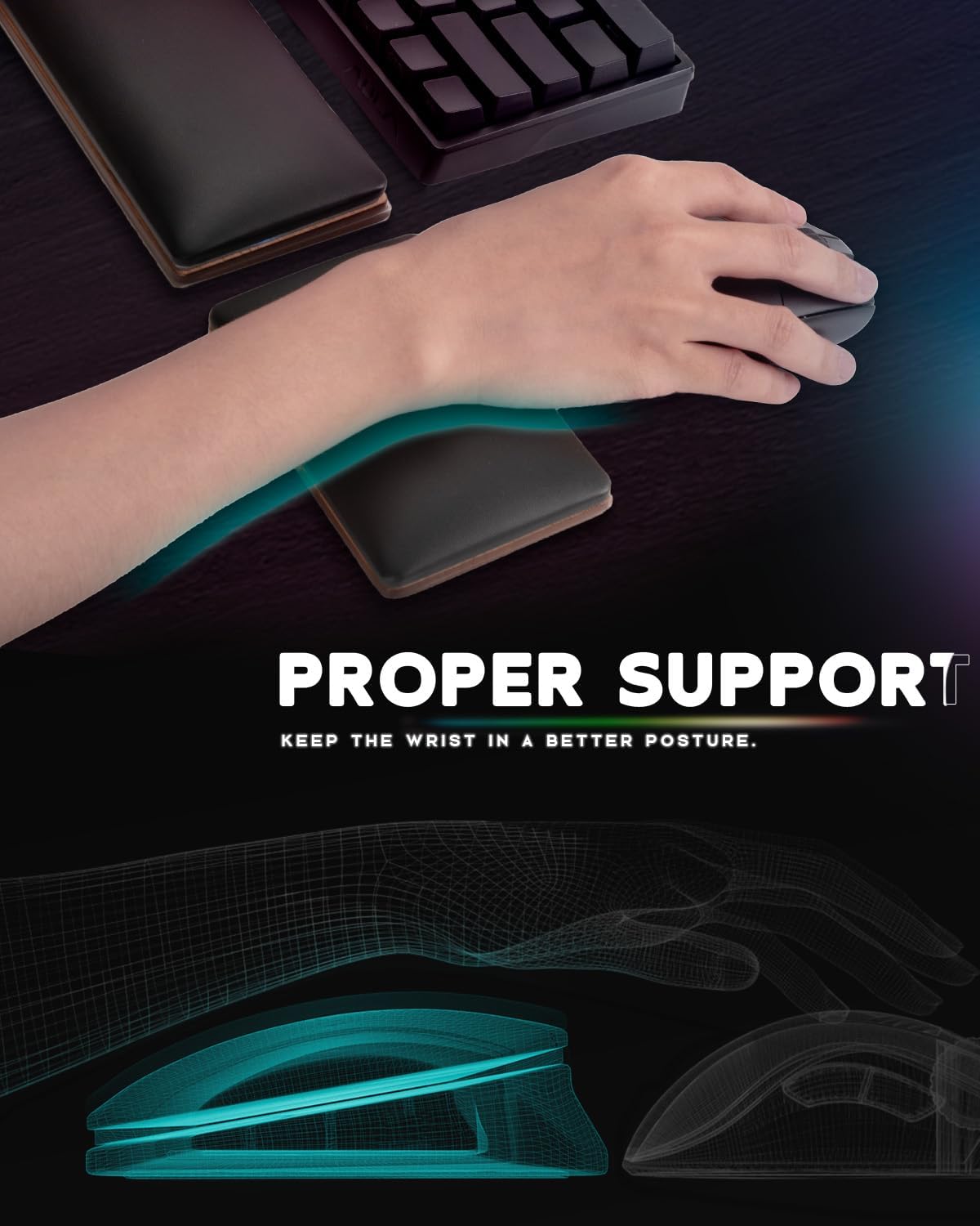 ASFSKY Keyboard and Mouse Wrist Rest Set with RGB - Memory Foam & Wooden Base Ergonomic Wrist Support Pad with PU Leather Cover, Non-Slip, Durable & Easy-to-Clean Wrist Cushion for Office, Gaming Desk