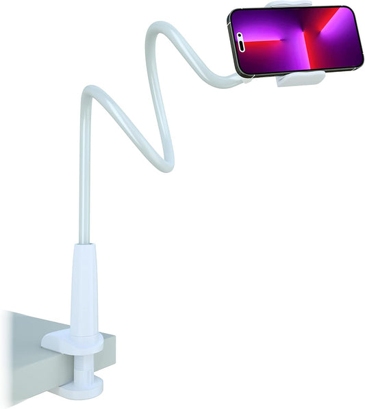MAGIPEA Cell Phone Clip Bed Stand Holder, with Grip Flexible Long Arm Gooseneck Bracket Mount Clamp for Desk, Compatible with iPhone 14 Pro Max XR X 8 7 6 or Other 3.5-7" Devices (White)