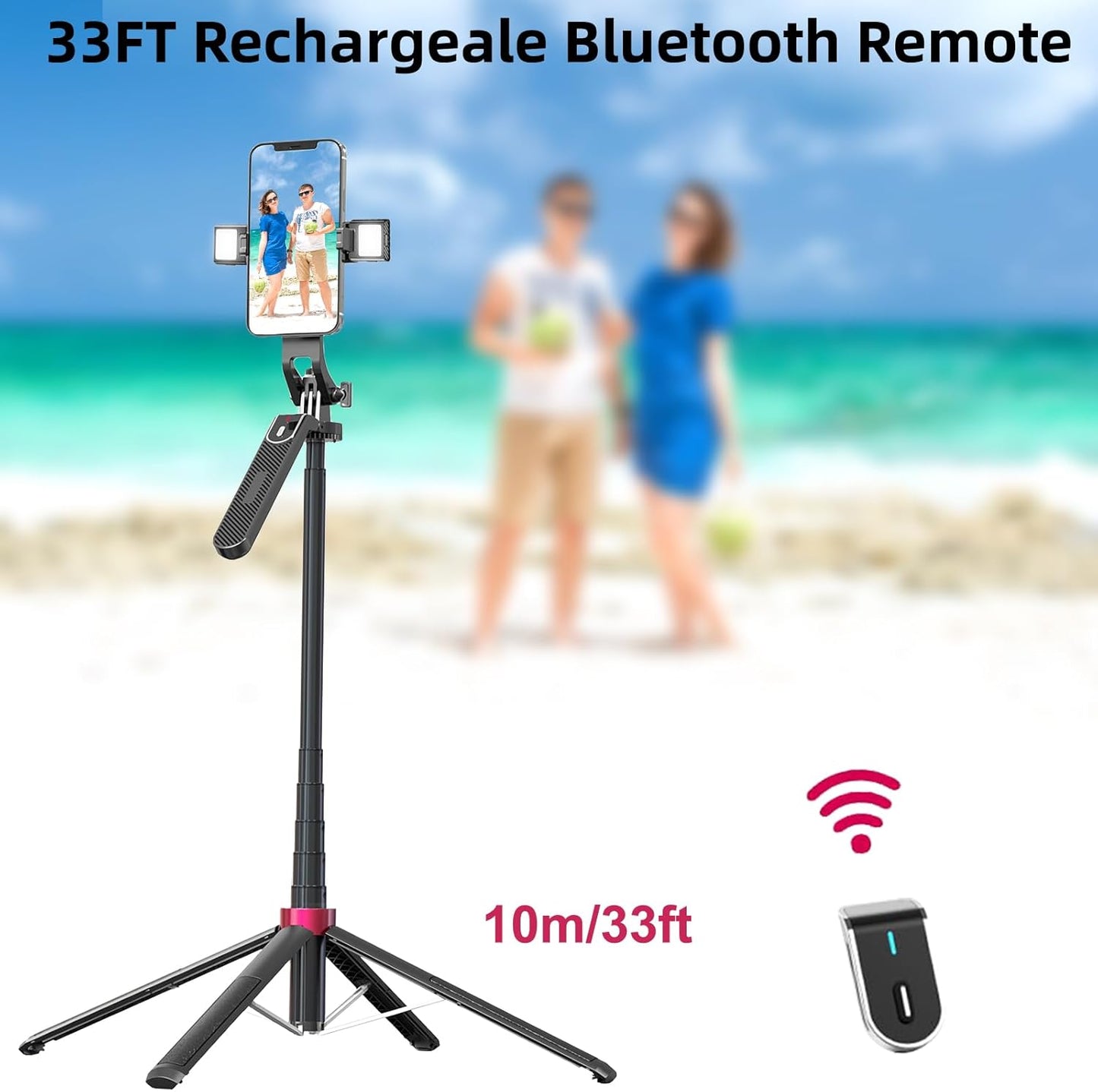 WOVTE 62" Selfie Stick with 2 Lights, Extendable Stand for iPhone, Selfie Stick with Remote, Portable Phone Tripod for Cell Phone Compatible with iPhone/Android, Camera & GoPro