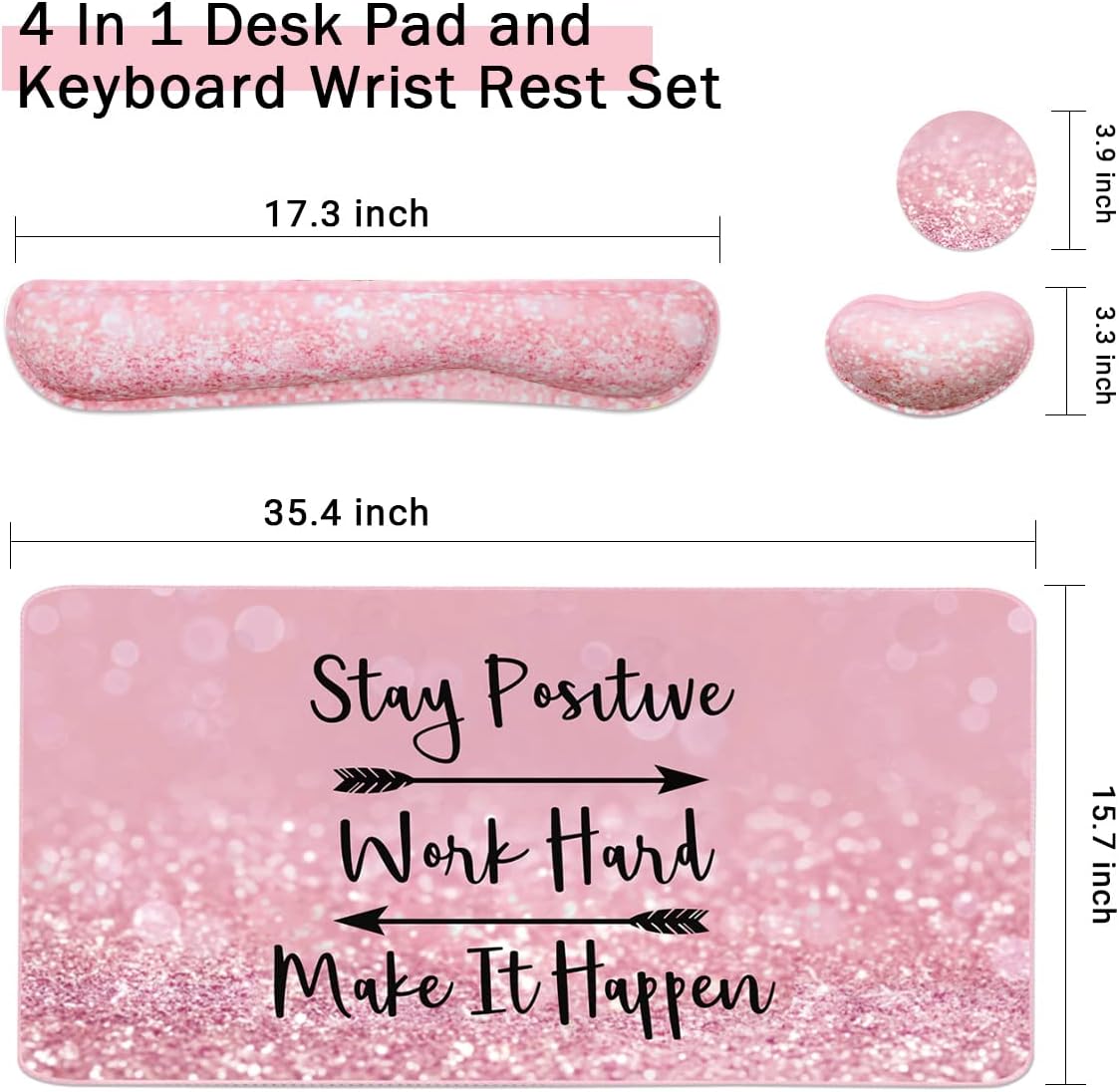 Keyboard Mouse Pad Set, Extended Mouse Pad+Keyboard Wrist Rest Support, Memory Foam Ergonomic Easy Typing, 3Pcs (35.4×15.7 in) Desk Pad Set for Home Office Study Game - Pink Stay Positive