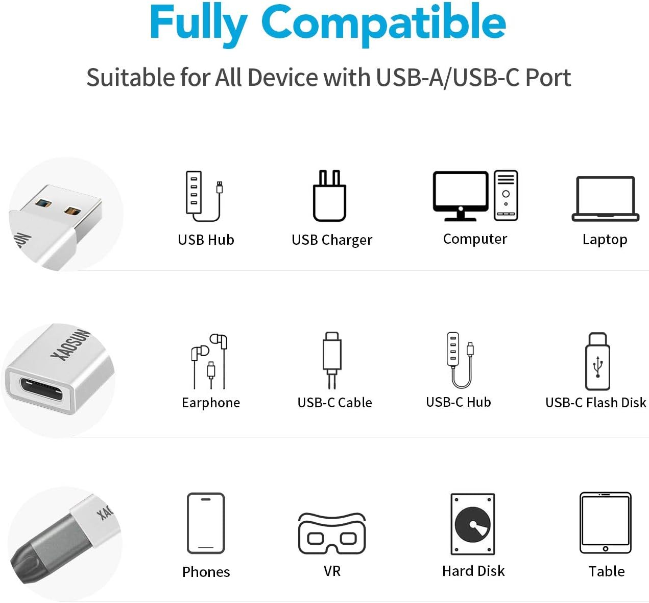 [10Gbps] USB C Female to USB Male Adapter (2-Pack), 3.1 USB A to USB C Adapter, XAOSUN One-Sided SuperSpeed Data Sync & 100W Fast Charging - Compatible with Laptop, PC, Charger, Power Bank, Quest Link