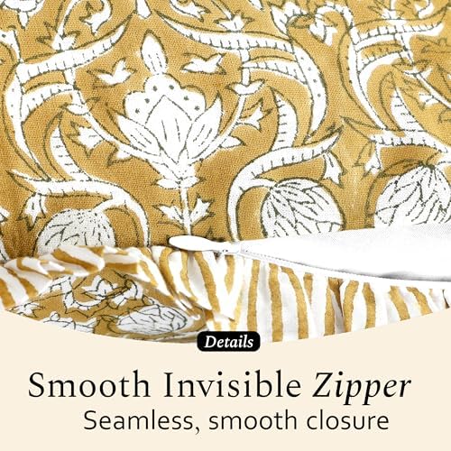 CPC Block Print Mustard Regal Ruffle Cotton Lumbar Pillow Cover 14x36 inch - Image 3