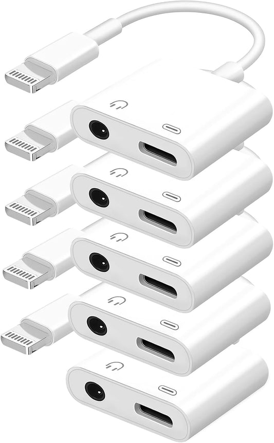 [Apple MFi Certified] 2-in-1 Charging & Audio Adapter for iPhone, Lightning to 3.5mm Headphone Jack Dongle Splitter, Supports Hi-Res Lossless Sound, Compatible with iPhone 14/13/12/11/XS/XR/8/7 5Pack