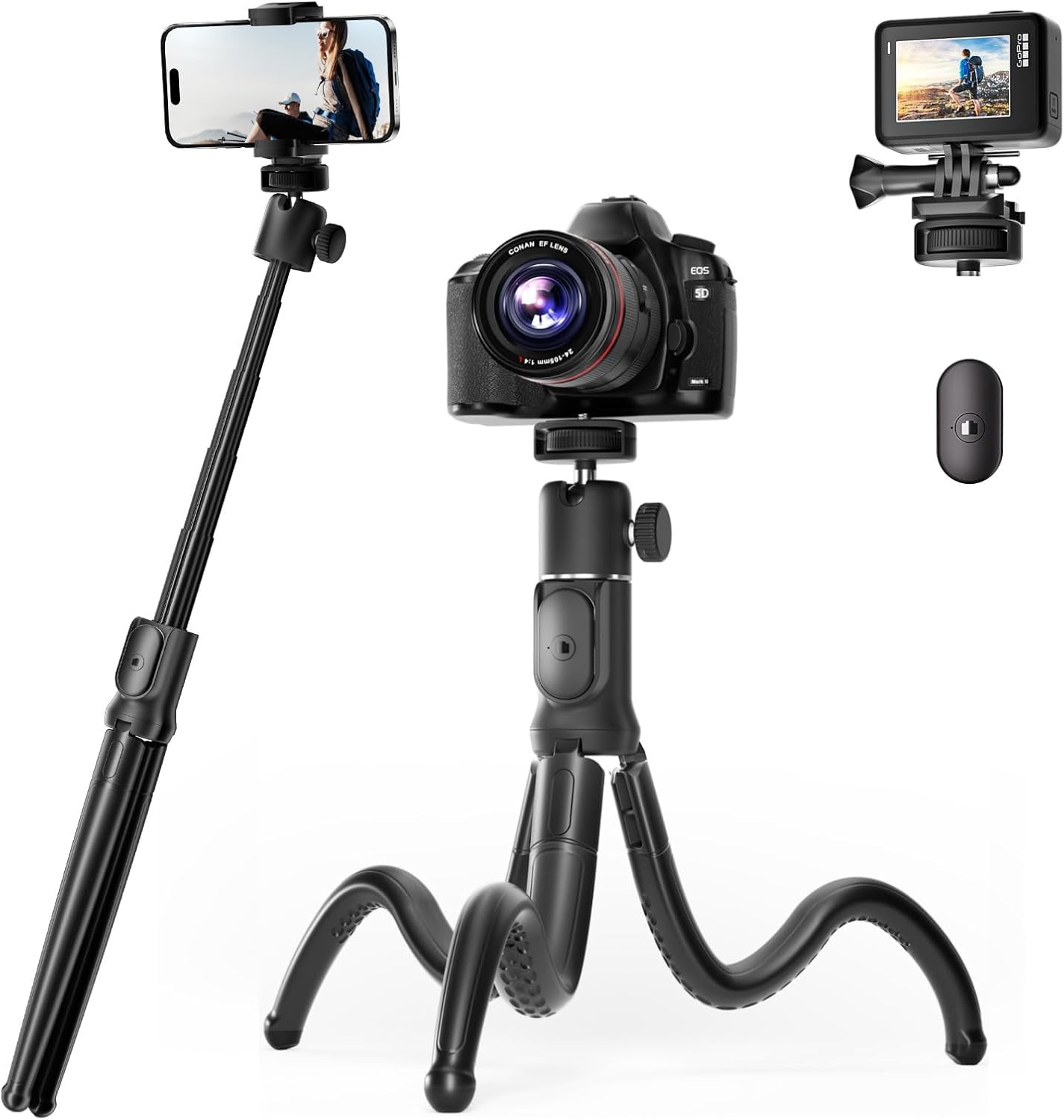 UBeesize Extendable Phone Tripod, Flexible Tripods with Remote, 3 in 1 Selfie Stick with Gopro Mount, iPhone Stand for Recording, Volgging, Live Streaming Fit for Cell Phones, Canon Sony Cameras