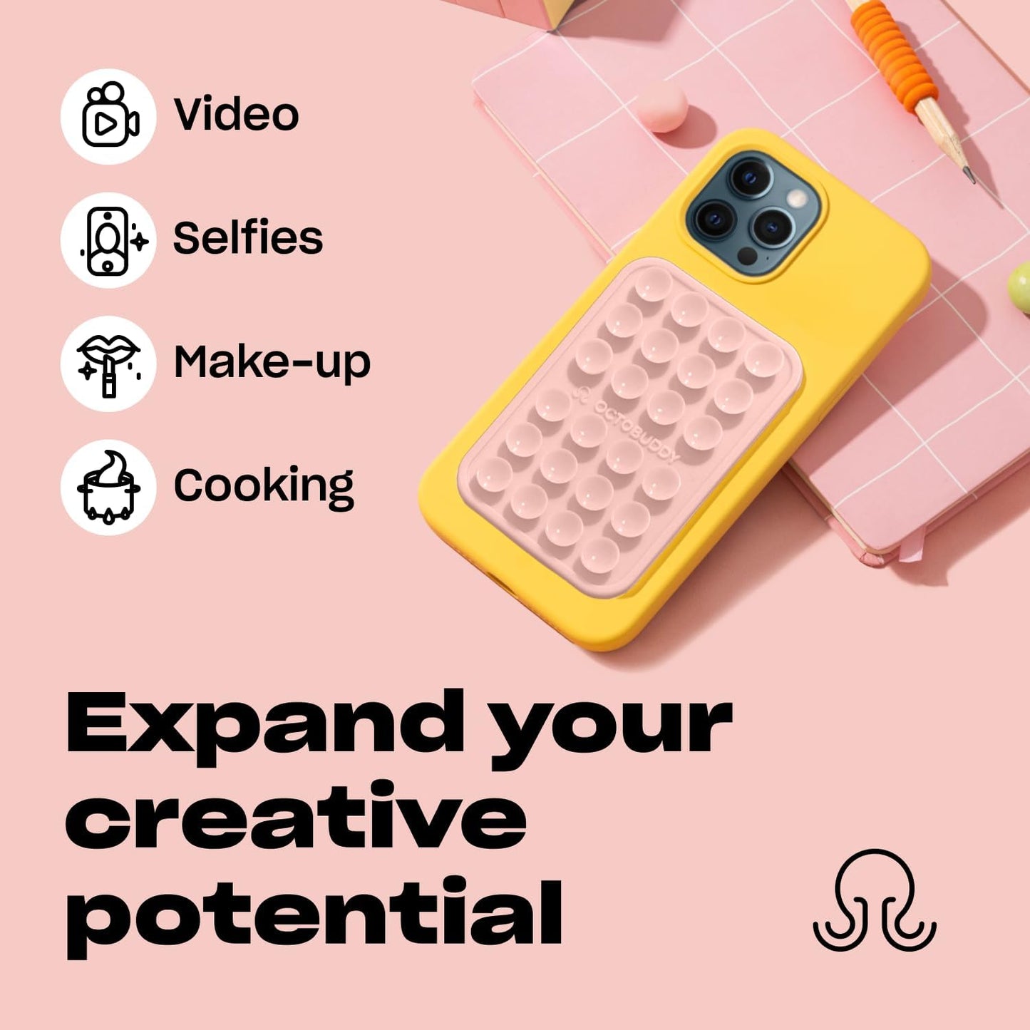 Classic MAX - Silicone Suction Phone Case Adhesive Mount - Hands-Free, Strong Grip Holder for Selfies and Videos - iPhone and Android Compatible - 2.6″ x 3.9″, Chalk Pink