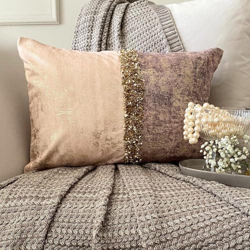 The HomeCentric Decorative Oblong Pillow Cover Ivory & Gold, Sequins Embroidered - Image 2