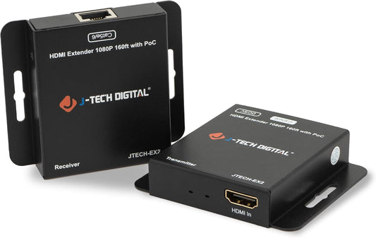 J-Tech Digital HDMI Extender Over Single Ethernet Cat5e/6/7 1080P Up to 1080P 160ft Support PoC 3D Digital Audio, Works with Laptop Desktop, Transmitter and Receiver [JTECH-EX2]