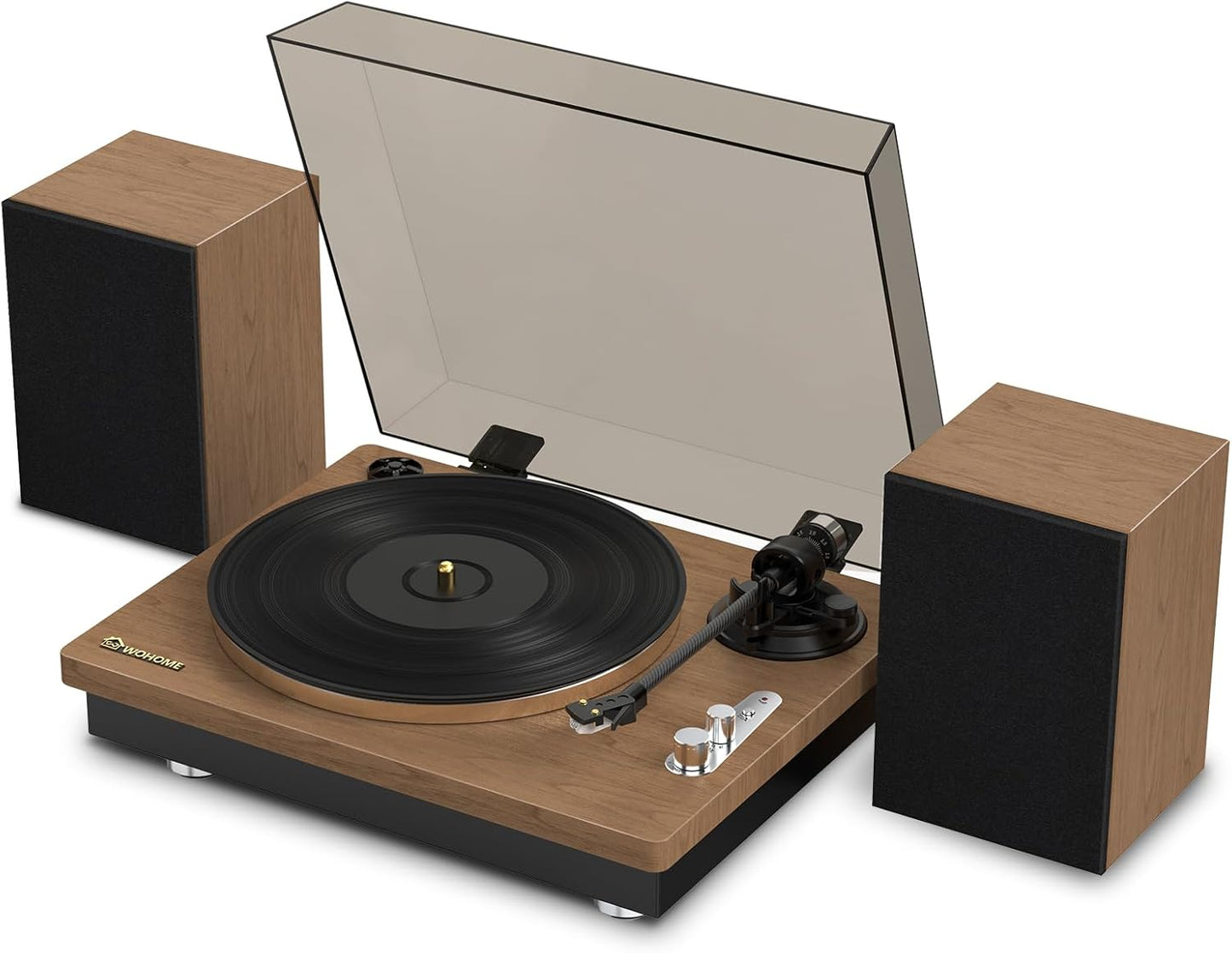 Wohome Vinyl Record Player with 66 Watt External Bookshelf Speakers, High Fidelity System Vintage Turntables for Vinyl Records with Magnetic Cartridge, Bluetooth Playback, RCA line Out and Auto Off