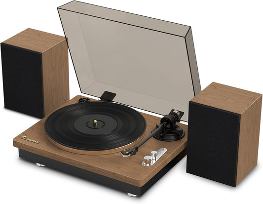 Wohome Vinyl Record Player with 66 Watt External Bookshelf Speakers, High Fidelity System Vintage Turntables for Vinyl Records with Magnetic Cartridge, Bluetooth Playback, RCA line Out and Auto Off