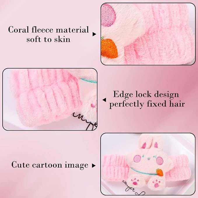 PERFECTSIGHT Kawaii Spa Headband Set, 2 Pack Cute Soft Coral Fleece Makeup and - Image 4