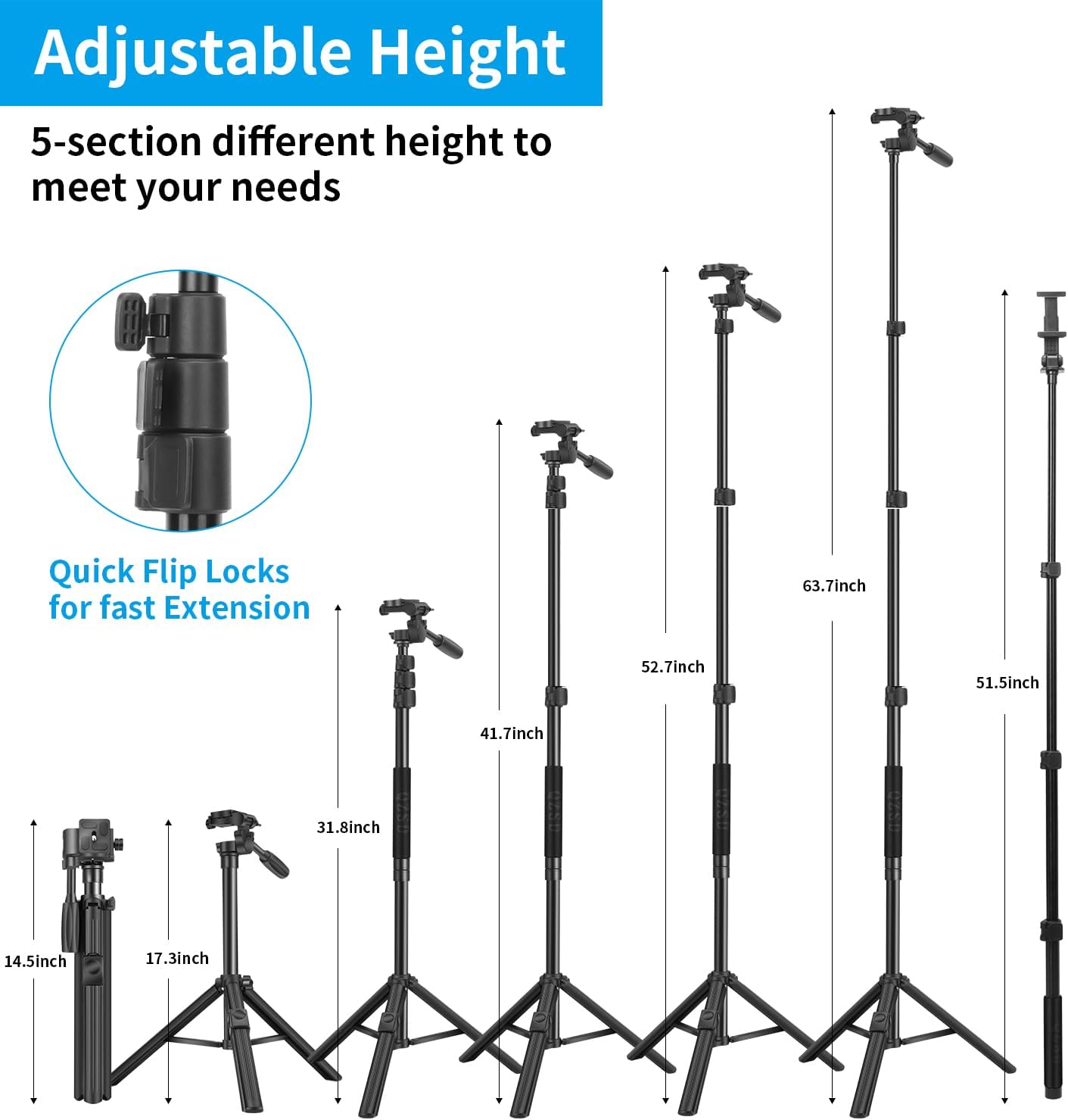 64" Phone Selfie Stick Tripod - Extendable 3 in 1 Aluminum Cell Phone Tripod Stand with Wireless Remote, Lightweight Phone Holder, Portable Travel Tripod for Phone Camera