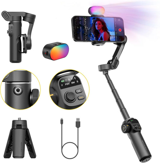 Gimbal Stabilizer for iPhone, Phone Gimbal w/RGB Magnetic Fill Light, Foldable Gimbal Built in 7.8' Extension Rod and OLED Display for iPhone/Android Excellent for Vlogging-Smart X2 Kit Black