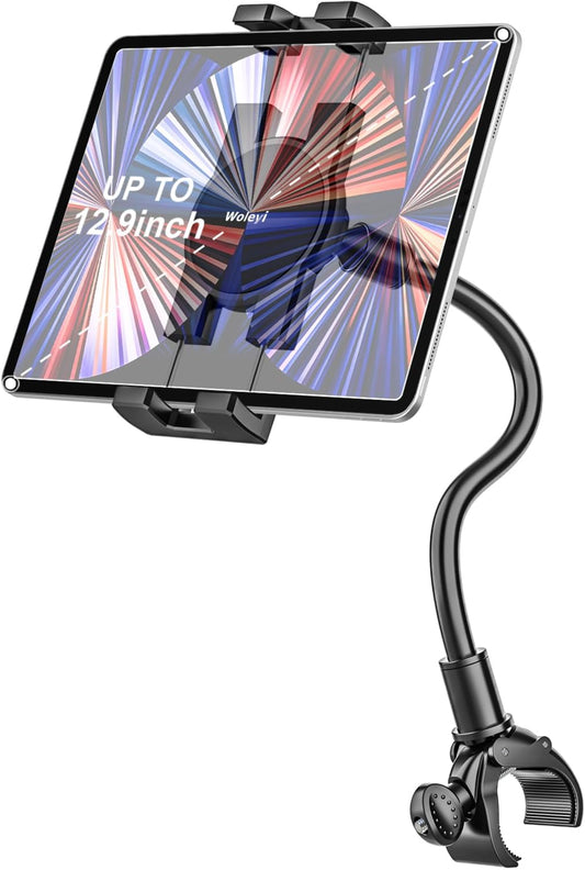 woleyi Gooseneck Tablet Holder for Spin Bike, Peloton Tablet Mount Exercise Bike Handlebar Stand for Stationary Bicycle, Treadmill, Stroller, Elliptical for iPad Pro Air Mini, Galaxy, 4.7-13" Devices