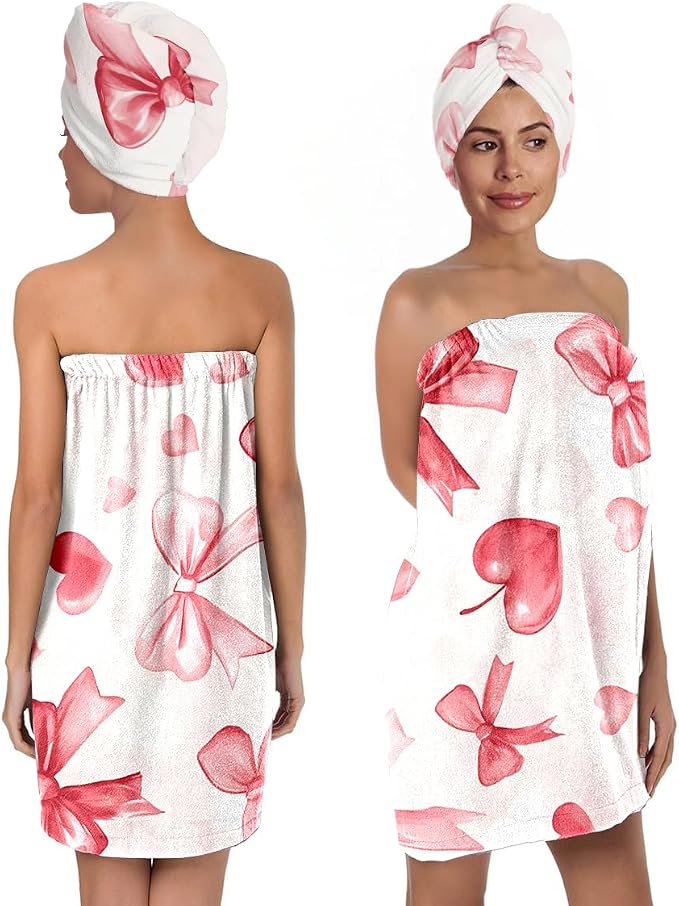 Valentine Heart Bow Bath Wrap and Hair Drying Turban Set – Soft Microfiber by QIULIBMH