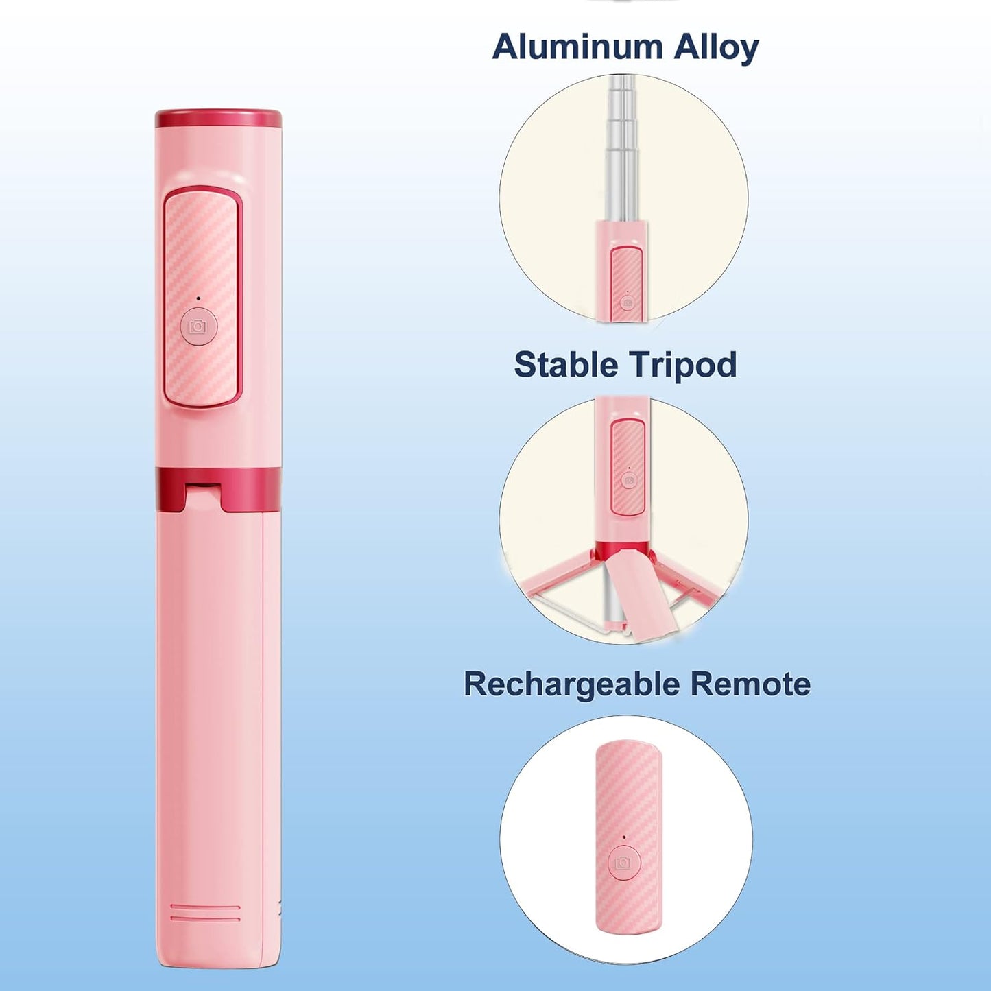 Selfie Stick, Foldable Cellphone Tripod with Remote, Travel Tripod for iPhone Series Android, Video Recording - Pink