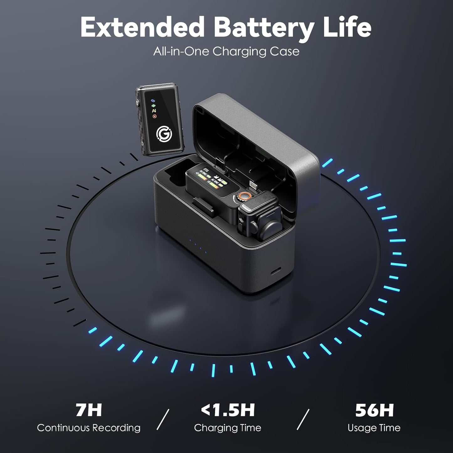 Wireless Microphone, AI Noise Cancelling with 56H Battery, 656ft Range & Wind Muff for iPhone/Android/Camera, Magnetic Clip-On for Streaming/Vlog/Interview