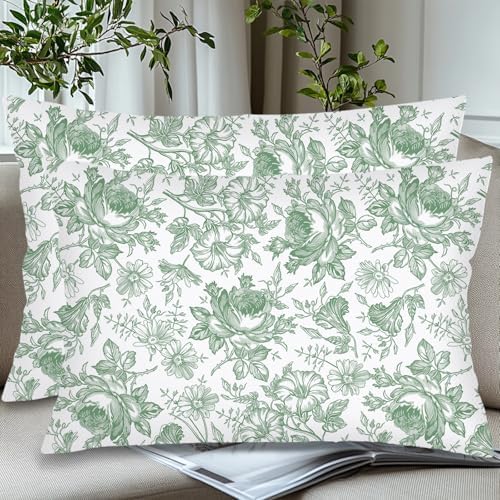 Sage Green and White Porcelain Floral Throw Pillow Cases Queen Size Set of 2 - Image 3