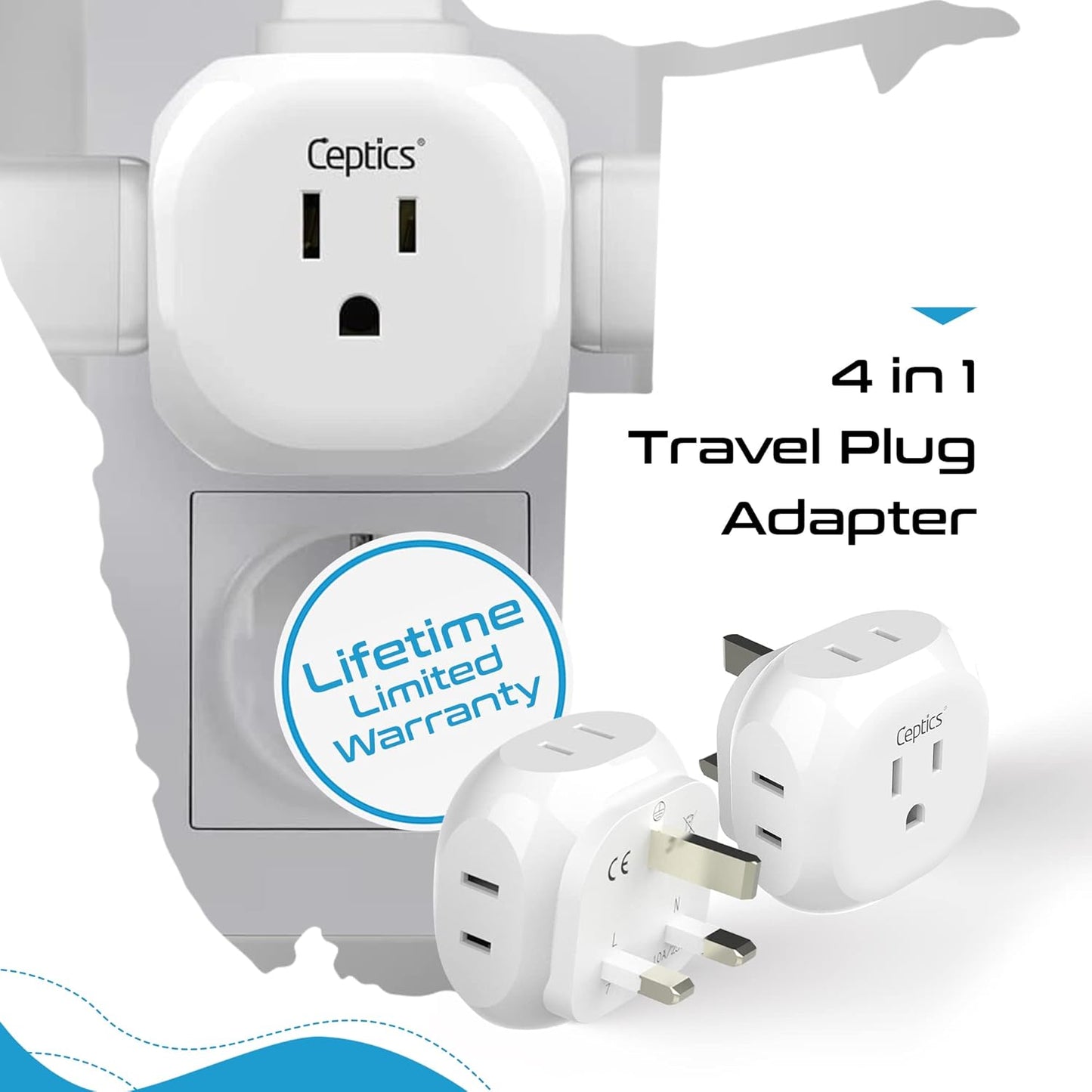 Ceptics US to UK Plug Adapter UK, Ireland Power Adapter Charger 4 Input - Ultra Compact - Light Weight - USA to Any Type G Countries Such as Hong Kong, England and More - 2 Pack (PT-7), White
