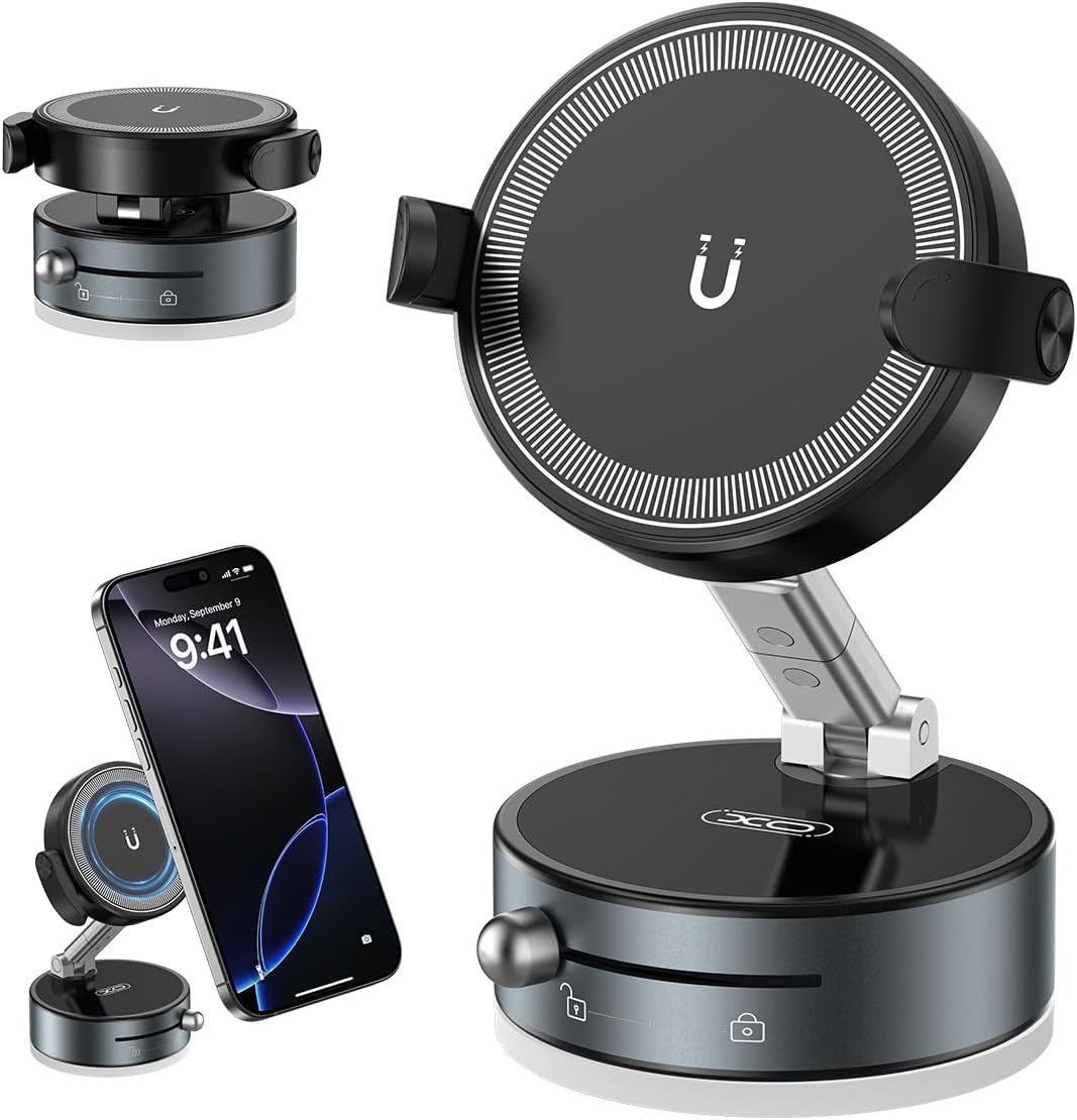 360° Rotation Clip on Car Phone Mount, 2 IN 1 Adjustable Magnetic Car Phone Holder Vacuum Suction Cup Phone Stand Foldable Cellphone Mount with Concealable Ears for All Smartphones