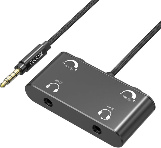 Cubilux Headphone Splitter with Volume Control, 3.5mm Dual Earphones Connector, 1/8 Double Audio Jack Adapter for 2 People, Music Share Adapter for Plane, Train Travel