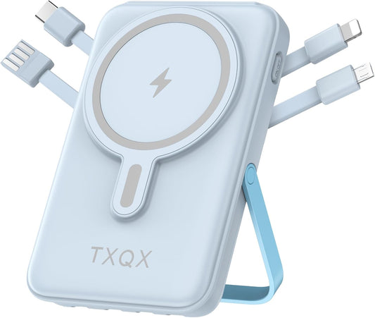 Wireless Portable Charger 10000mAh,Magnetic Power Bank with Built-in Cables LED Display,22.5W PD Fast Charging for Magsafe Battery Pack Compatible with iPhone16/15/14/13/12/Pro/Pro Max(Blue)