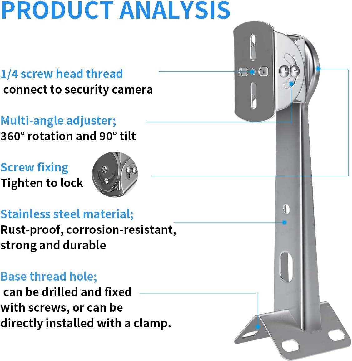 ZT-NET Security Camera Corner Pole Mounting Bracket Stainless Steel Mount with Extension Arm for Surveillance Systems Compatible with CCTV IP Cameras Indoor and Outdoor (Not Included Camera