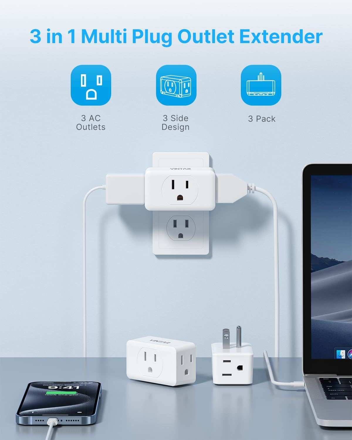 Multi Plug Outlet Extender, VINTAR 3 Outlet Adapter, Multiple Outlet Splitter, Grounded Wall Tap Adapter, Power Plug Expander for Travel Home Office Dorm, 3 Pack