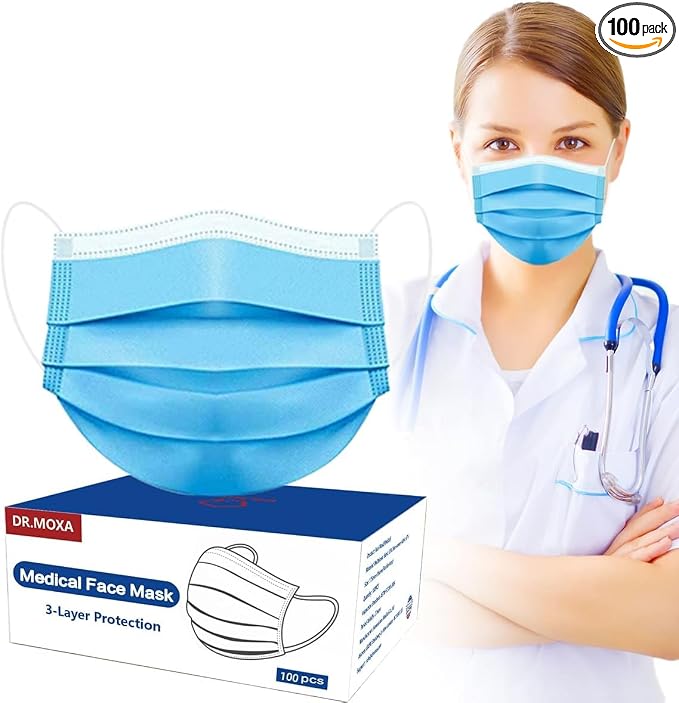 100 Pack Disposable Face Masks ASTM Level 2, Medical Grade 3 Ply Protection by DRMOXA