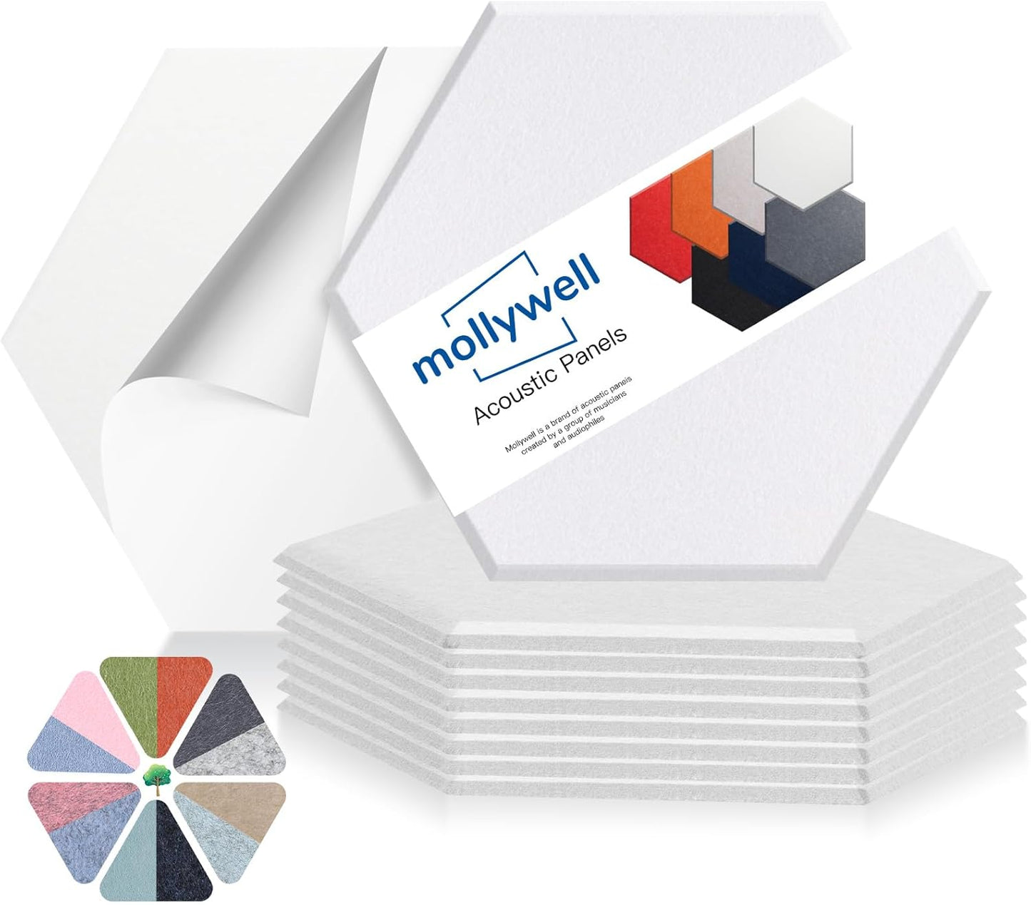 Mollywell Hexagon Acoustic Panels, High Density, Soundproofing, Decorative Noise Reduction Felt Wall Tiles for Ceilings, Home Office & Gaming Room (White), 14×12×0.4 Inch