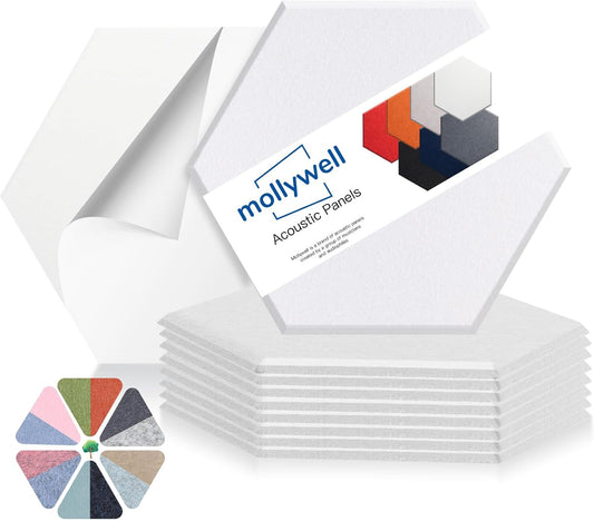 Mollywell Hexagon Acoustic Panels, High Density, Soundproofing, Decorative Noise Reduction Felt Wall Tiles for Ceilings, Home Office & Gaming Room (White), 14×12×0.4 Inch