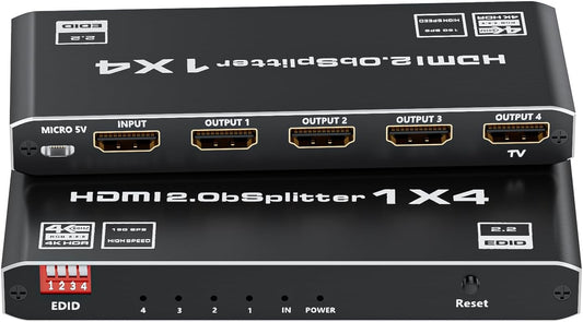HDMI 2.0 Splitter 1 in 4 Out, LUKFOCAB 1x4 HDMI Splitter 4K@60Hz 8:8:8 HDR, HDMI 2.0, HDCP 2.2, 18Gbps, Auto EDID, Supports UHD 3D D-o-l-b-y 4 Ports Mirror Mode and Multichannel Audio Streams