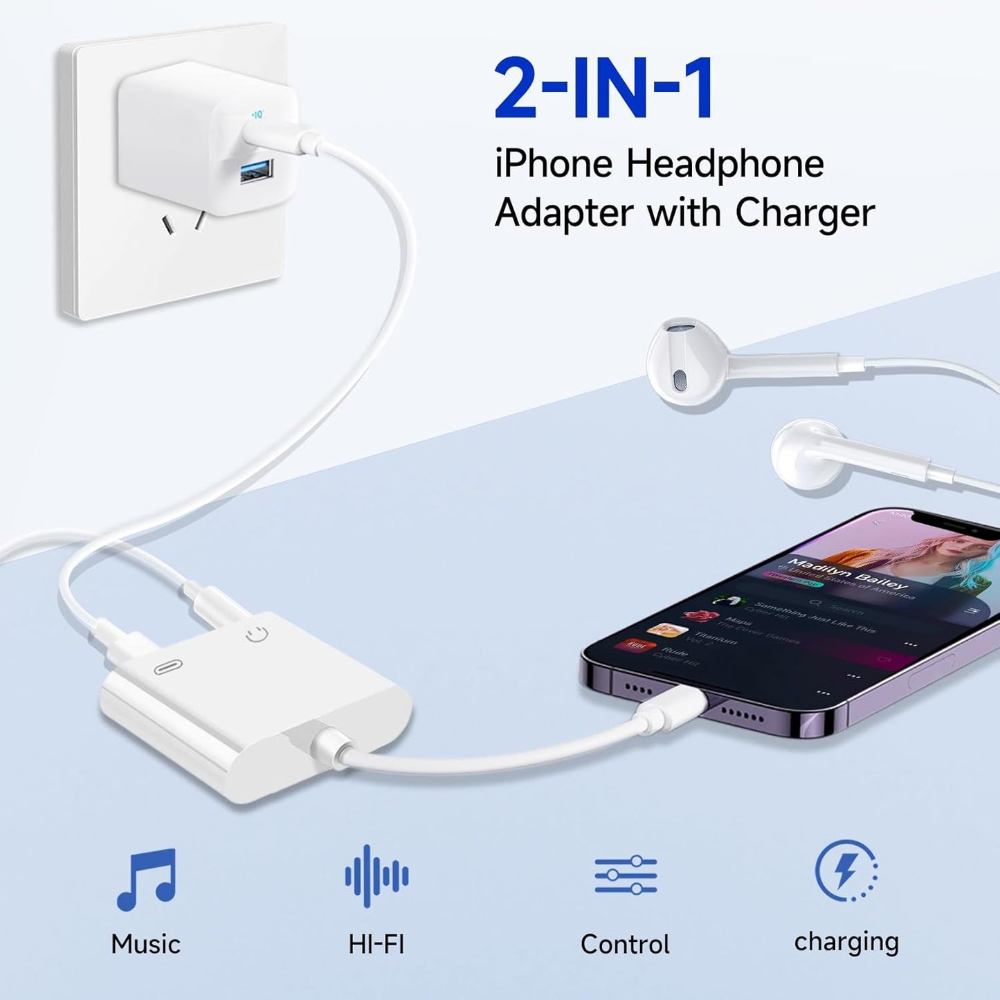 [Apple MFi Certified] 2-in-1 Charging & Audio Adapter for iPhone, Lightning to 3.5mm Headphone Jack Dongle Splitter, Supports Hi-Res Lossless Sound, Compatible with iPhone 14/13/12/11/XS/XR/8/7 3Pack