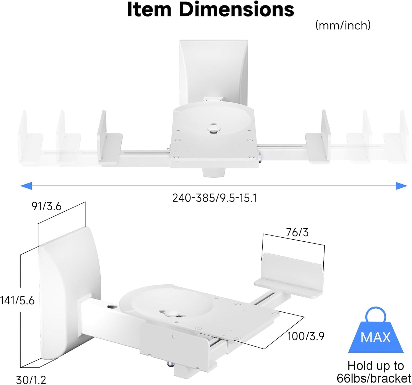 suptek Large Dual Side Clamping Bookshelf Speaker Wall Mounting Bracket for Large Surrounding Sound Speakers, Hold up to 66lbs White SPM201XLW