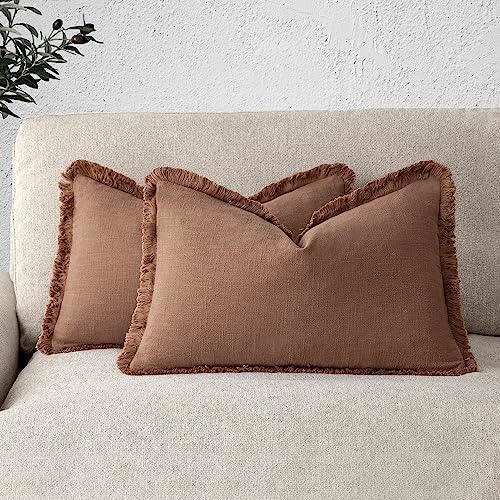 Foindtower Decorative Linen Fringe Lumbar Throw Pillow Covers 12×24 Rust by Foindtower