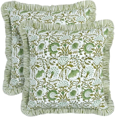 CPC Block Print Ruffle Throw Pillow Cover Agate Green 24"x24" by COTTONPRINTCLUB