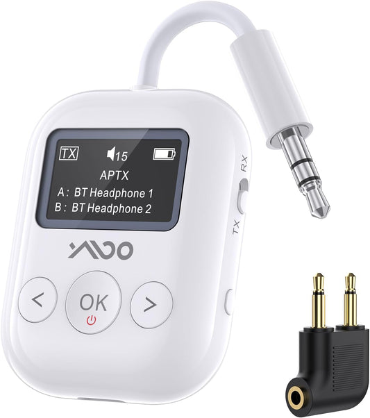 YMOO Bluetooth 5.4 Transmitter Receiver for Airplane, Wireless Bluetooth Adapter Travel Essentials, Supports to 2 Headphones, 25H Playtime, 2-in-1 Adapter with LED Display for TVs Gym Car Home,White