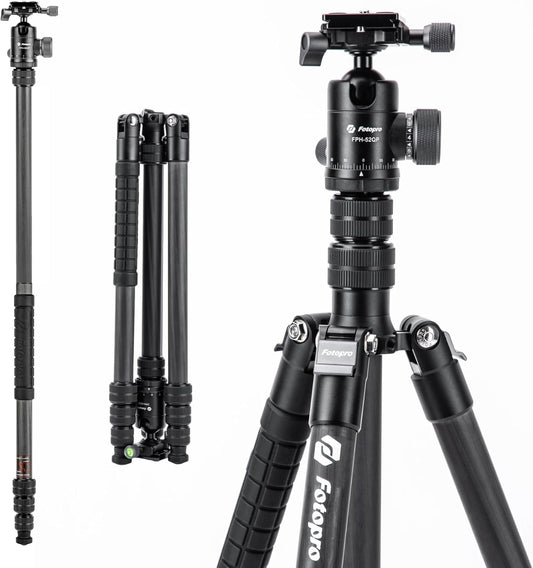 Fotopro 73" Carbon Fiber Tripod for Camera, Compact Travel Tripod with Ball Head, Detachable Monopod with Quick Release Plate and Camera Bag, Load up to 22lbs/10KG