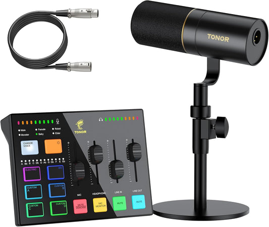 TONOR Audio Interface and Microphone Set, Podcast Equipment Bundle, USB Audio Mixer with RGB, XLR Dynamic Microphone with Studio Sound Quality, Complete Package for Content Creating, Gaming, Streaming