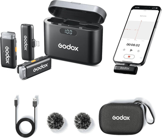 GODOX Wireless Lavalier Microphone with Noise Cancellation,200m/656ft,for iPhone 14/13/12/11 Camera YouTube TikTok,(2 TX + 1 RX + Charging Case)WES1-Kit2 Wireless Laval Mic with Battery Level Display