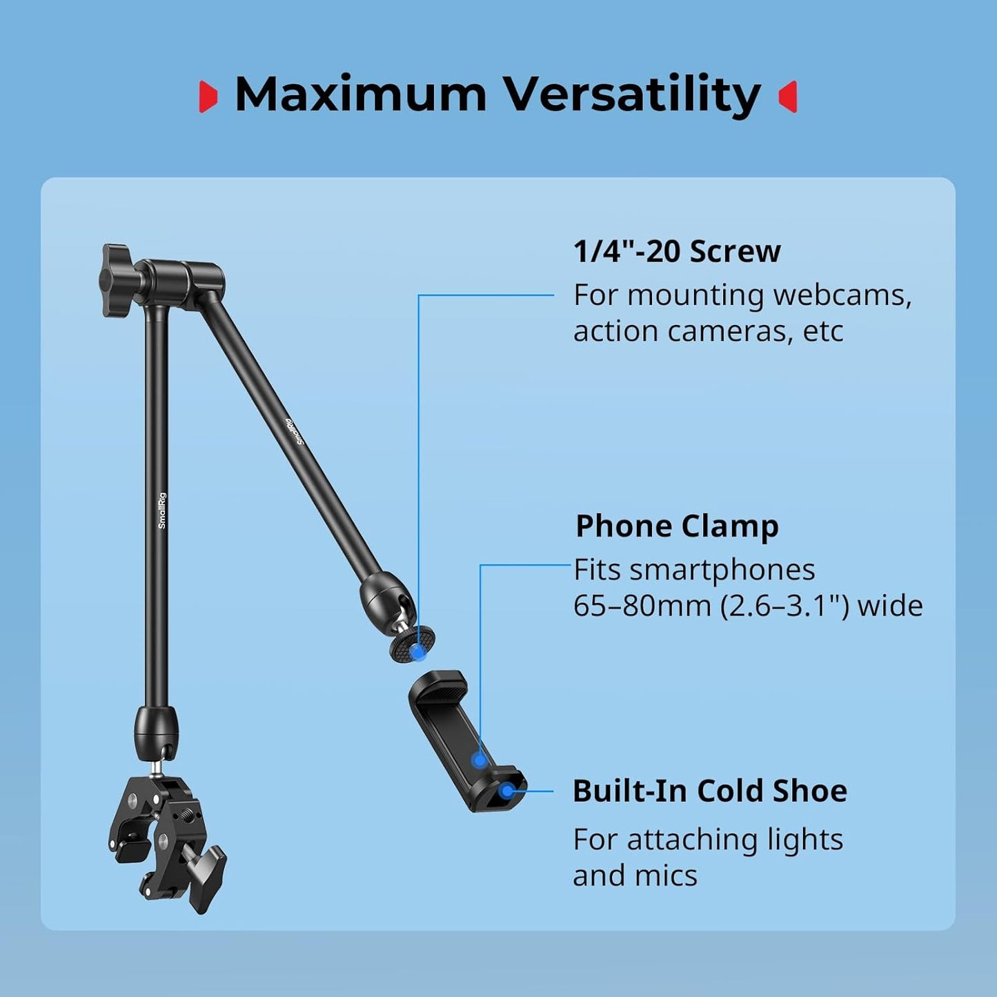 SMALLRIG Desktop Magic Arm Support with Crab-Shaped Clamp Kit, Aluminum Alloy, 24.3x4.5x1.1 in, 0.6lb Payload, for Smartphones, Webcams, Action Cameras, 5624