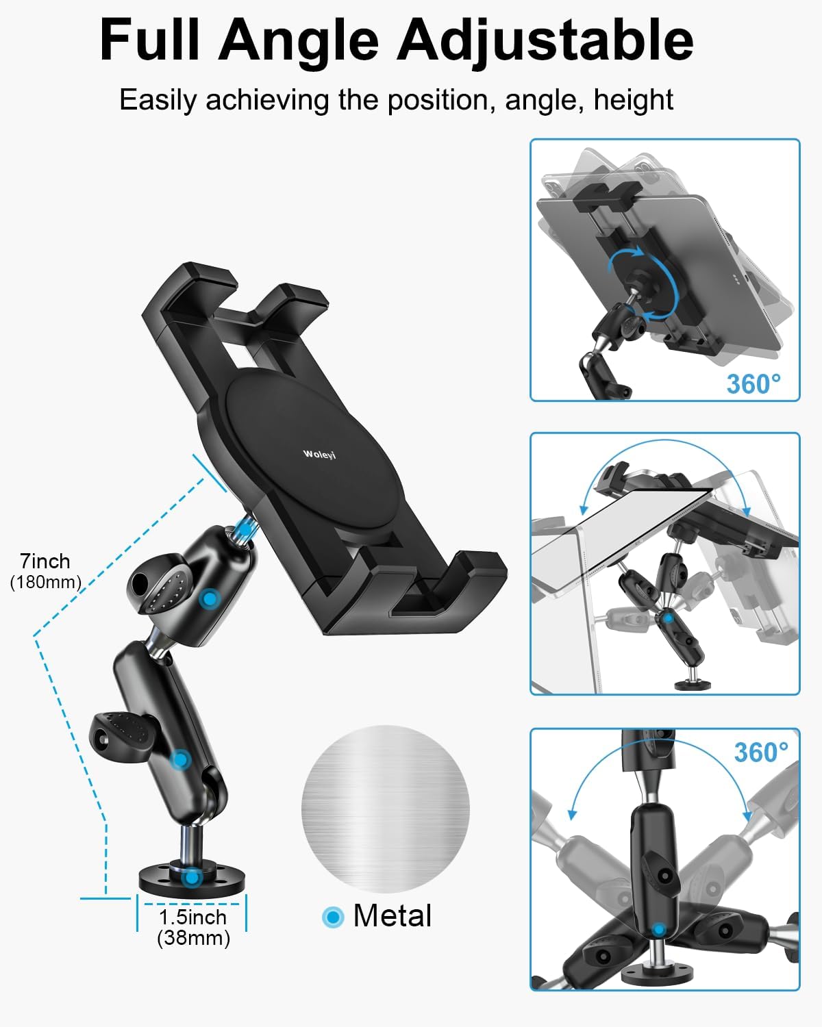 woleyi Aluminum Drill Base Tablet Holder for Car Dashboard - [360° Adjustable 2-Stage Arm] Heavy Duty Tablet Mount for Truck Car Mount Wall Desk, for iPad Pro/Air/Mini/Galaxy Tab/Z Fold, 4-13" Devices