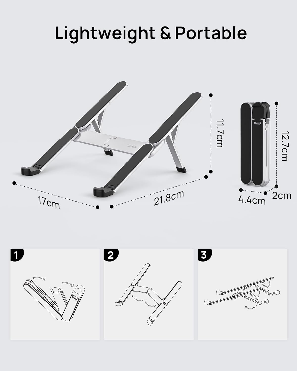 【Innovative & Ultra Compact】SODI Foldable Laptop Stand for Desk, Lightweight Portable Tablet Holder for Business Travel, Cafe, 6 Level Height Adjust Computer Holder for MacBook, Tablet 10-16", Silver