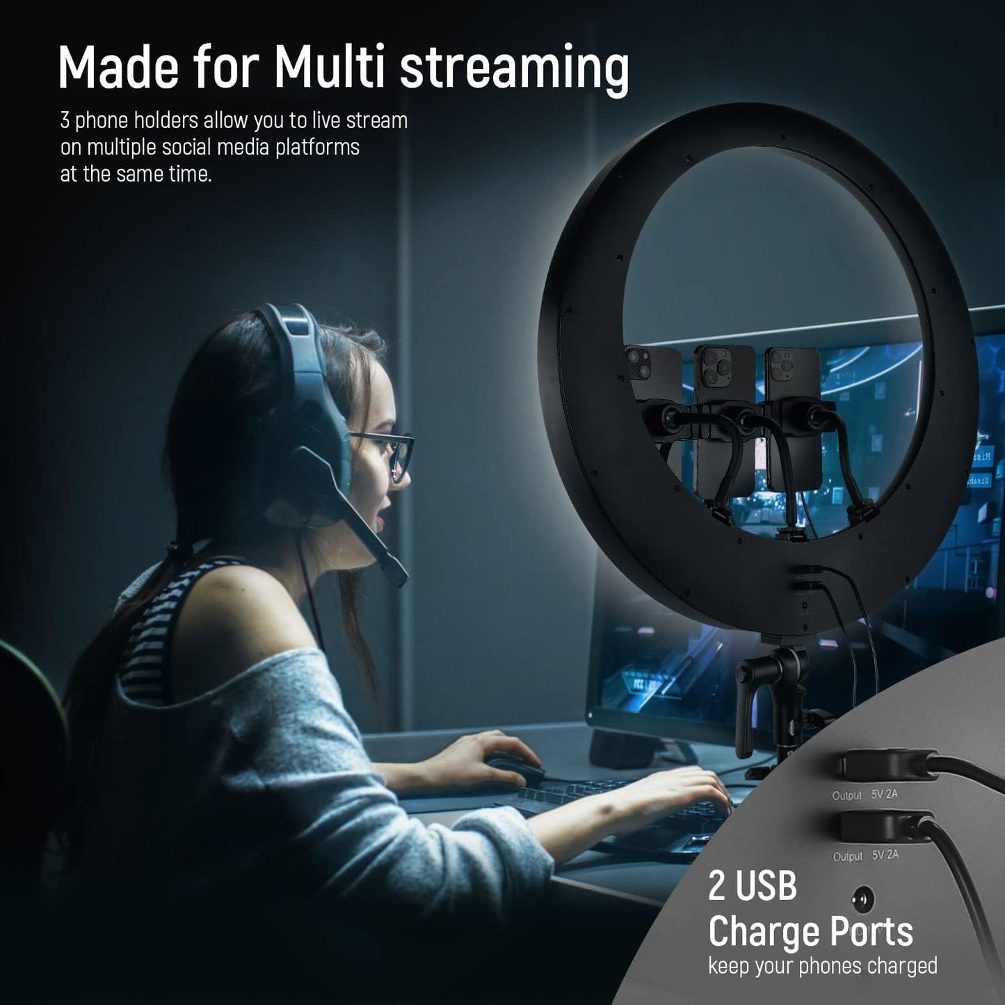 NEEWER Ring Light RP19H 19 Inch with Tripod Stand 3 Phone Holders Compatible with iPhone, Upgraded 2.4G Touch Control Ringlight for Video Recording Streaming Home Office Zoom Selfie Makeup Lighting
