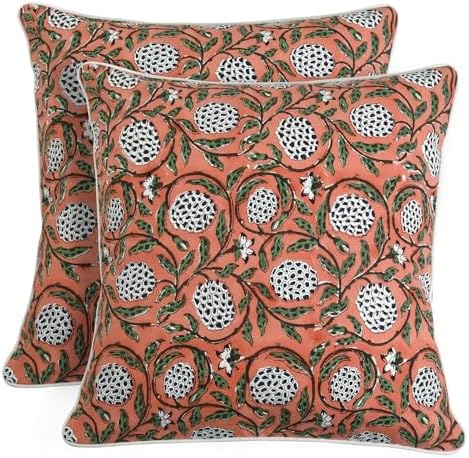 Ridhi Block Print Dark Salmon Pink Pillow Cover 24" x 24" Decorative Couch by Ridhi