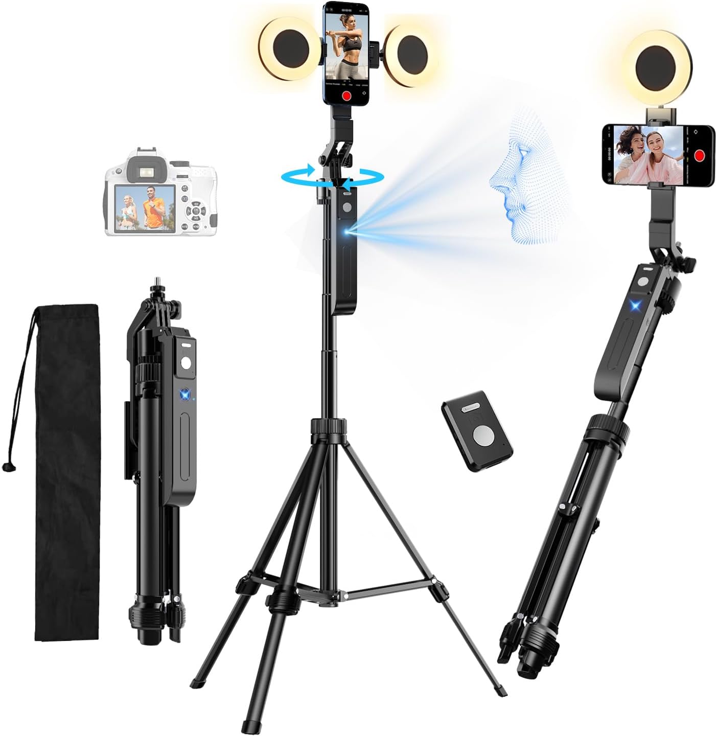 70.9" Auto Face Tracking Tripod 360° Rotation with Lights, Motion Sensor Phone Tripod Stand Selfie Stick with Remote, Face Body Gesture Control Phone Camera Holder for Vlog/Live Stream/Video Recording