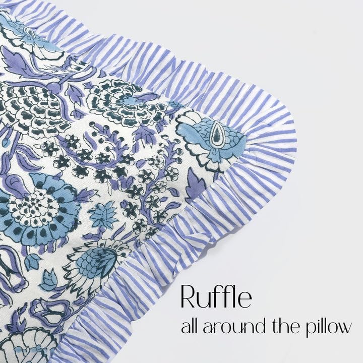 CPC Block Print Indigo Blue Ruffle Cotton Lumbar Pillow Cover 12x20 inch - Image 5