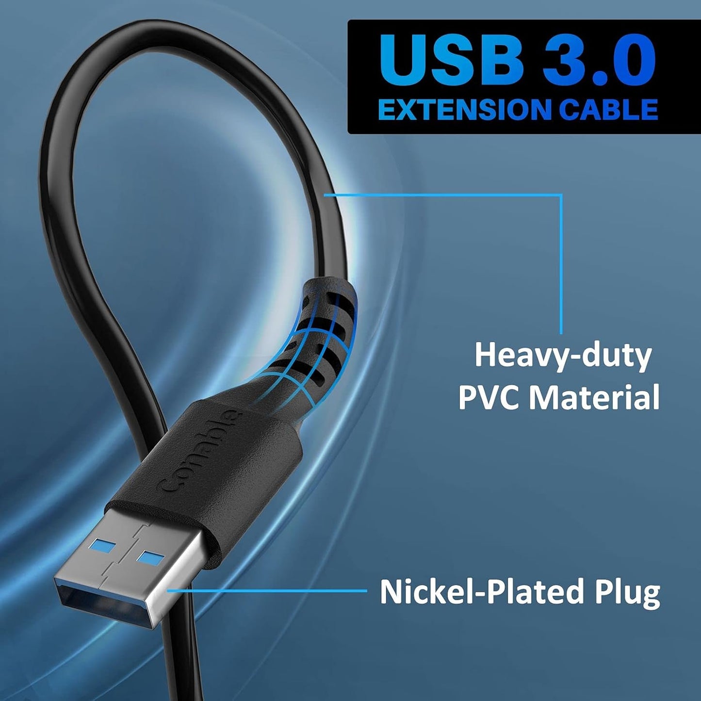 3 Pack USB 3.0 Extension Cable 8 Feet, USB A Male to Female Extender Cord, 5Gbps Data Transfer for Webcam, Printer, Keyboard, Mouse, Flash Drive, Hard Drive, Controller, Black Cable with 5 Cable Ties