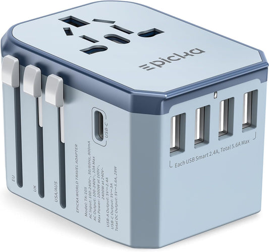 EPICKA European Travel Plug Adapter, Universal Travel Adapter - International Power Adapter Worldwide Charger with USB-C & 4 USB-A Ports, Travel Essentials for Italy, Japan, Europe, UK (TA-105, Blue)