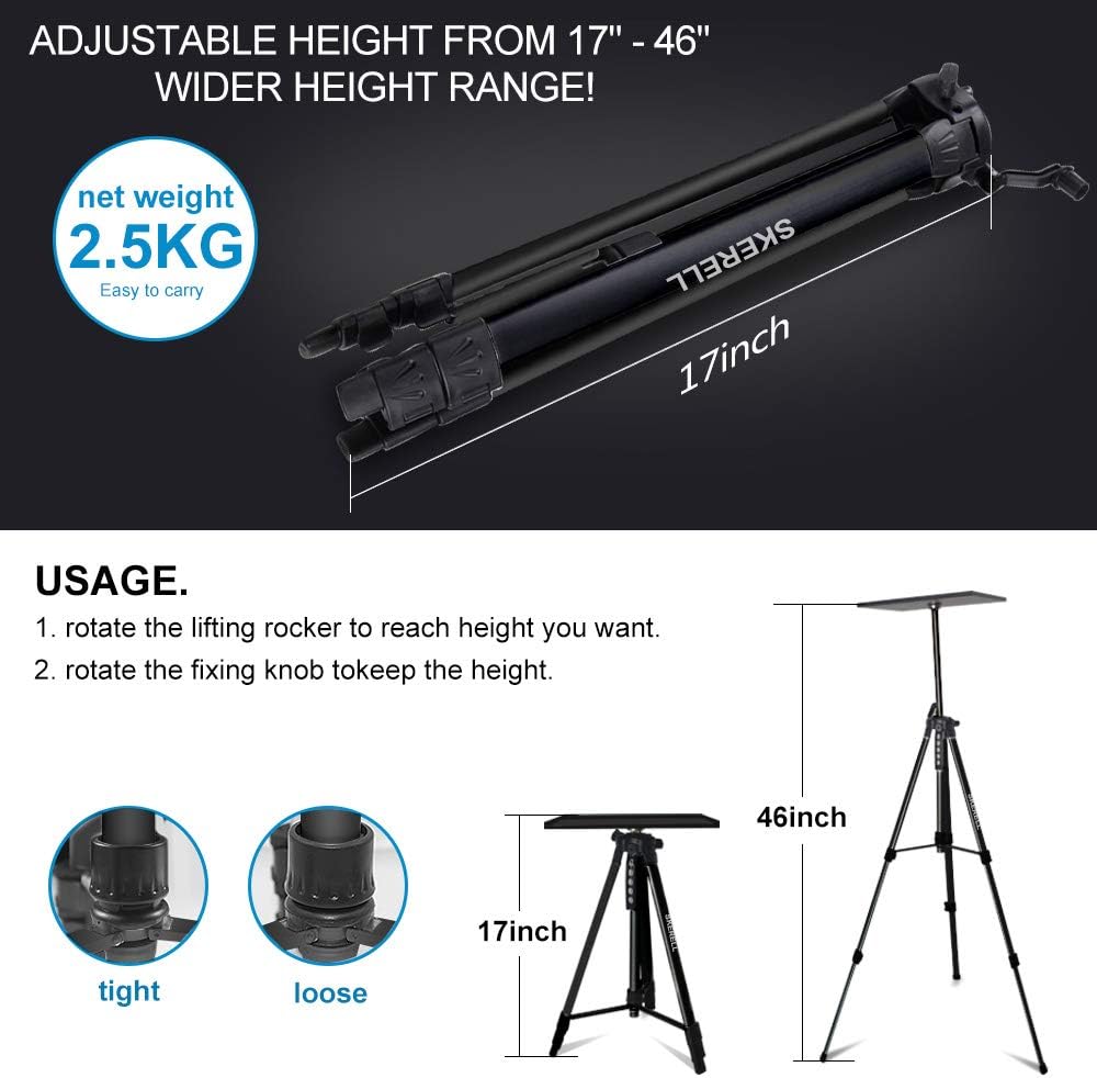 Portable Projector Stand Tripod Adjustable: Universal Laptop Standing Height from 17" to 46" with Carry Bag for Projectors Laptops Photography