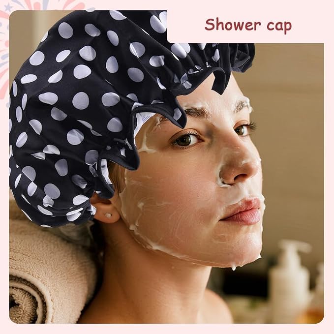 Polka Dot Shower Caps for Women Reusable Waterproof Satin Lined Bathing Caps - Image 4